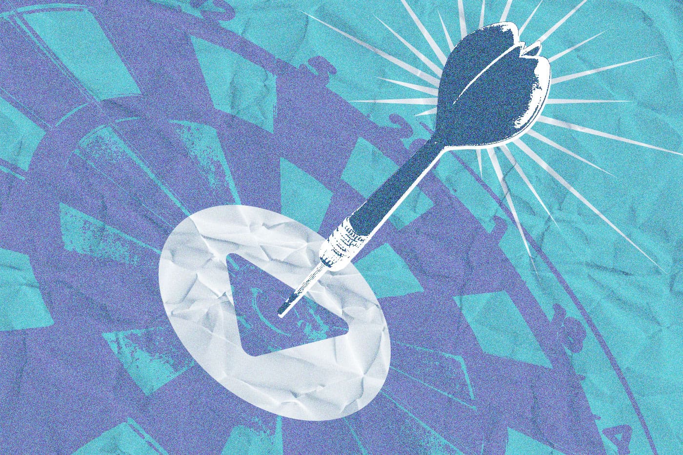 A video play button on the bullseye of a dart board with a dart in it