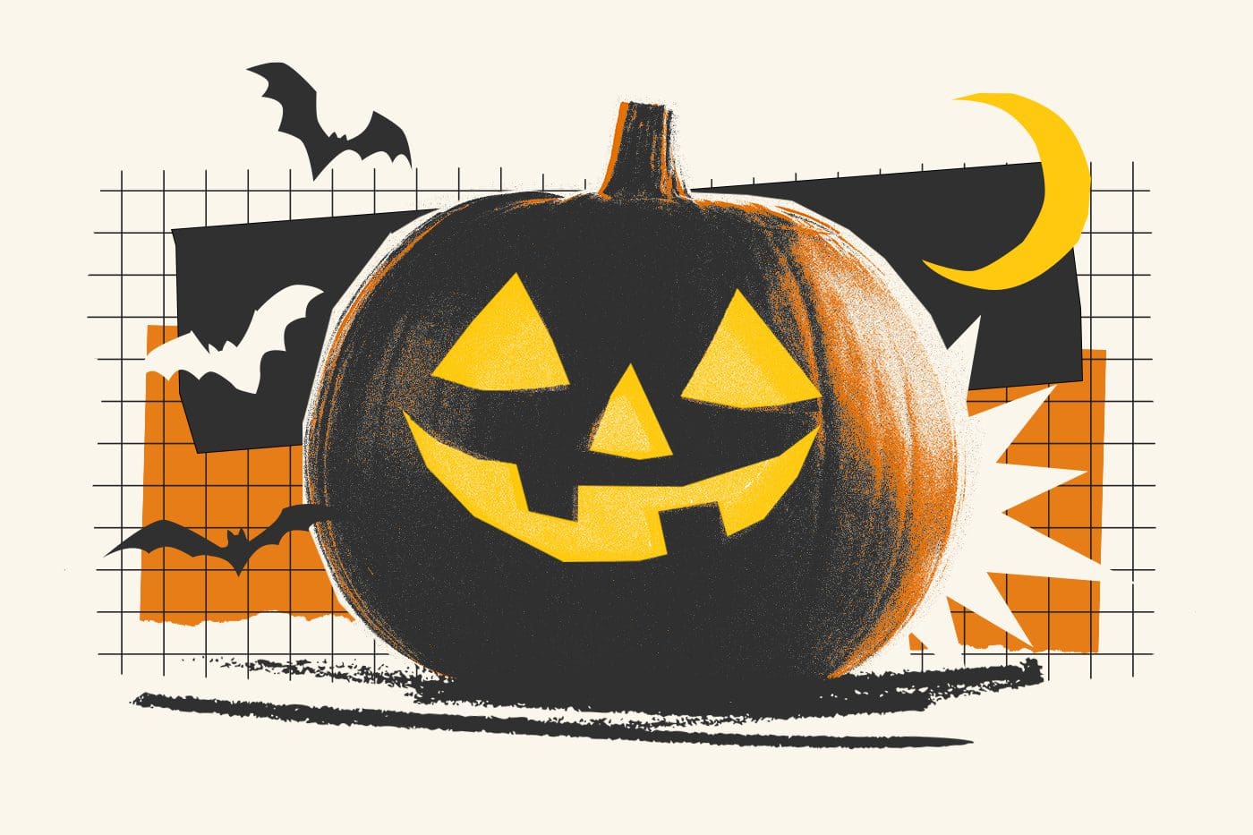 Halloween pumpkin carving with bats and a moon