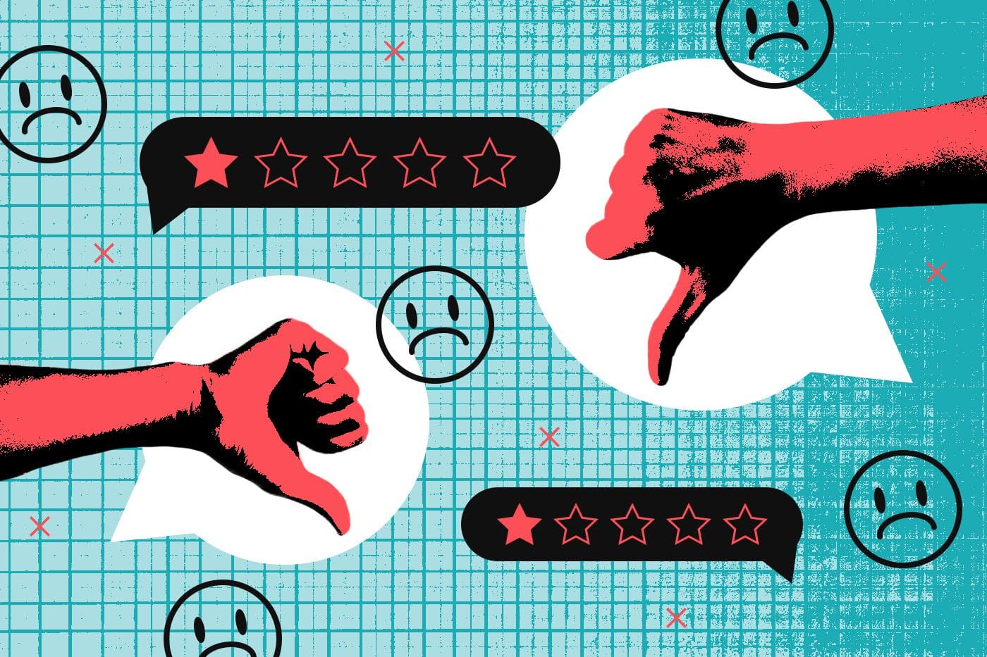 Collage of 1 star, thumbs down, and sad faces for negative reviews