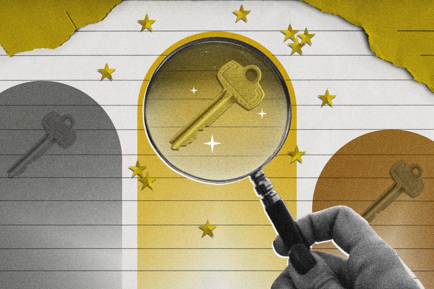 Magnifying glass looking at a key on a notepad to represent SEO content optimization