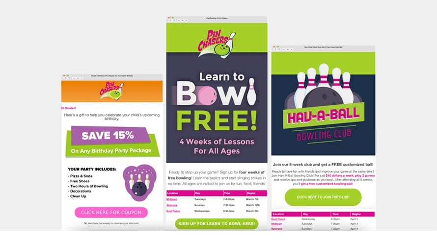 Email newsletters from Pin Chasers bowling alleys