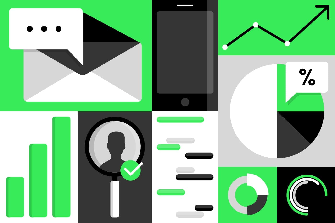 Marketing data illustrated by green and black digital icons