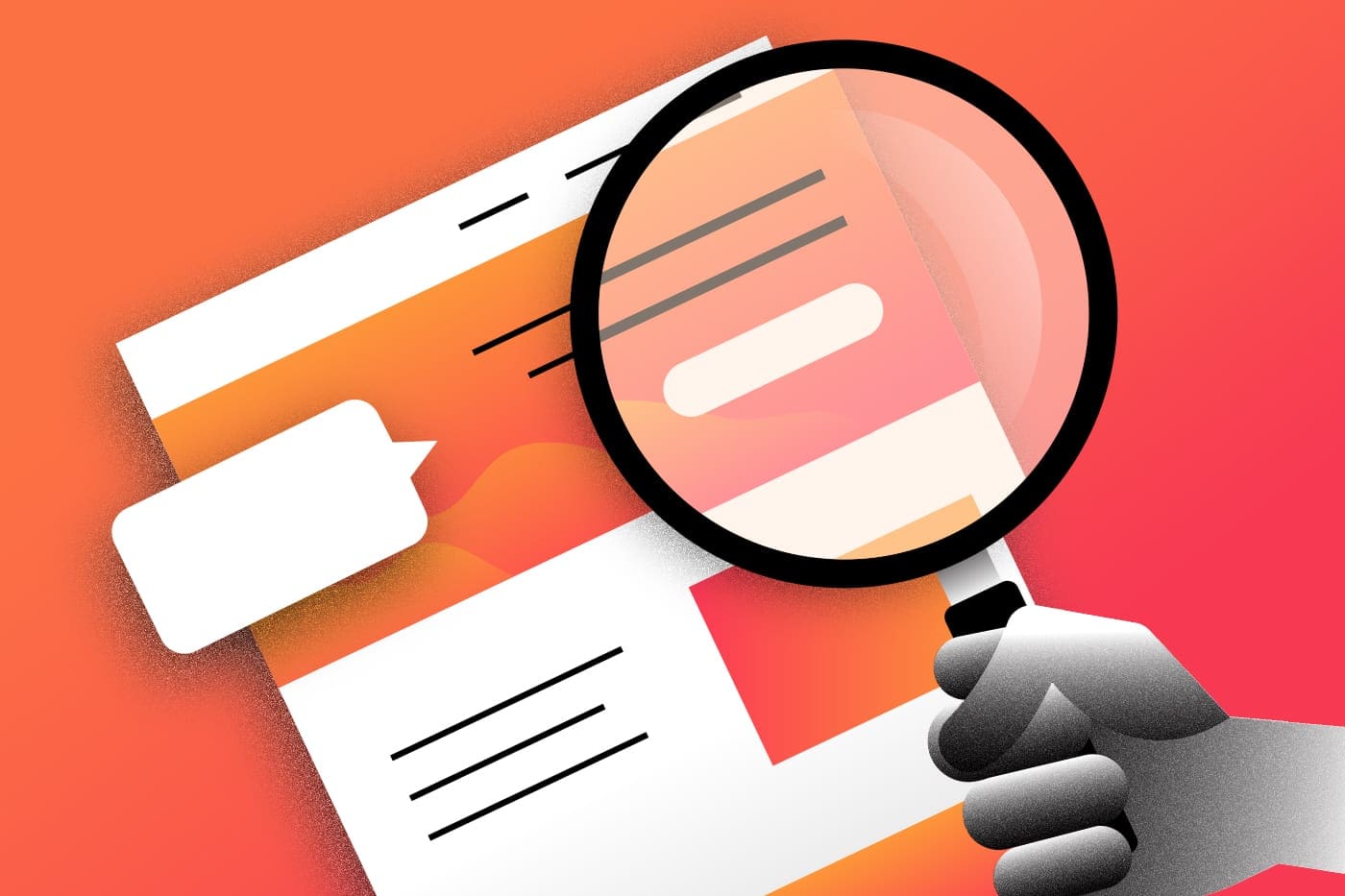 Illustration magnifying glass inspects a document