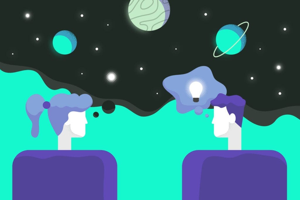 Abstract representation of macro vs. micro thinking. Two people look at each other. One envisions a galaxy, the other a single illuminated light bulb.