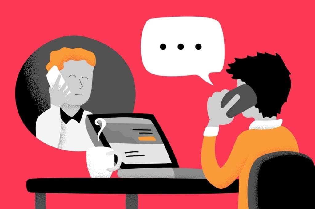 illustration of person chatting with IT to demonstrate how to submit a bug ticket