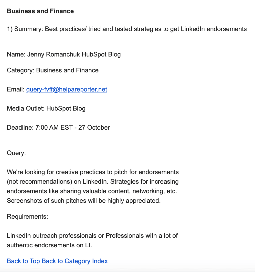 HARO email example of specific inquiry from reporter