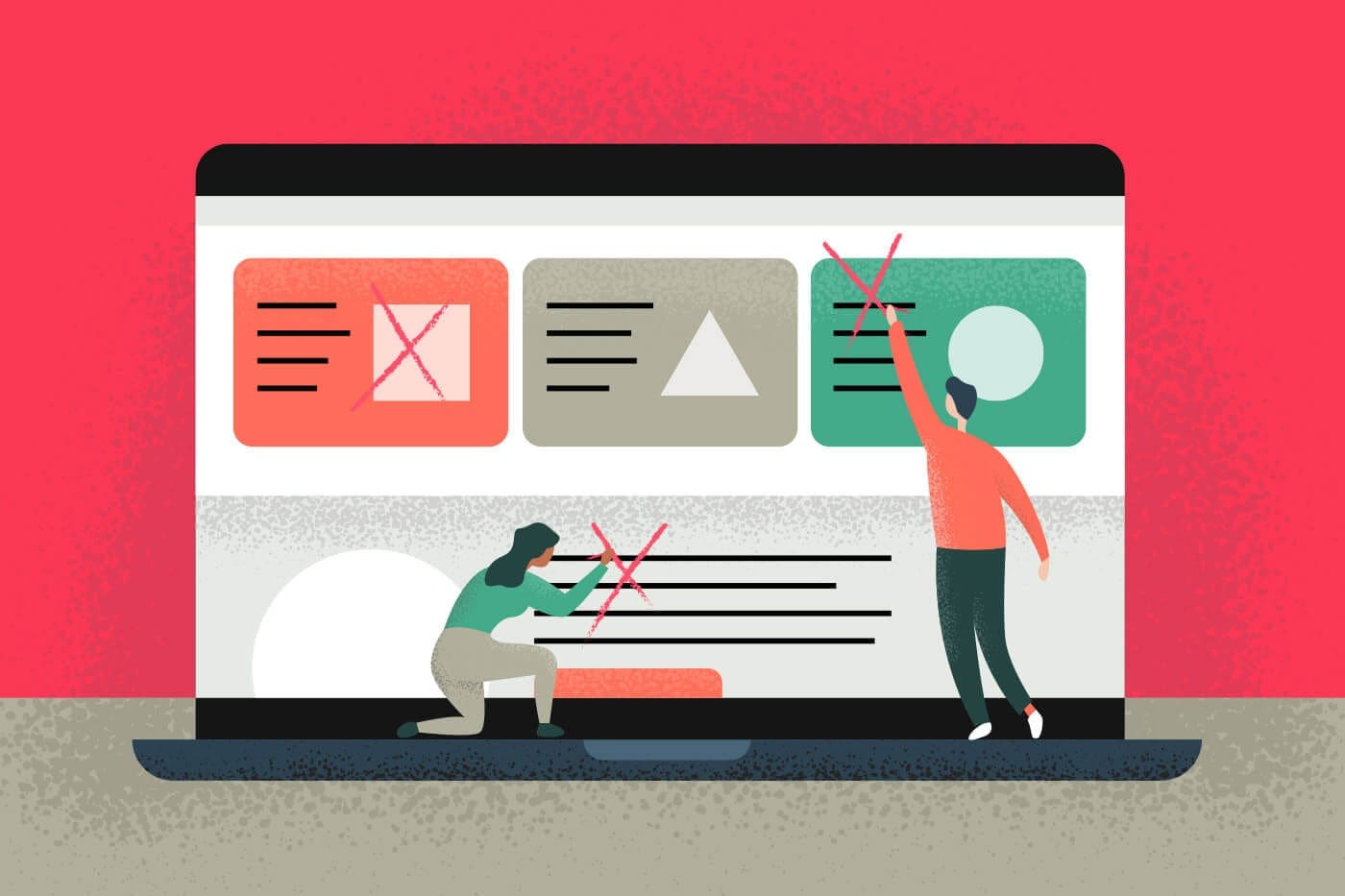 Illustration of two individuals writing X on a giant screen to represent lead generation website mistakes