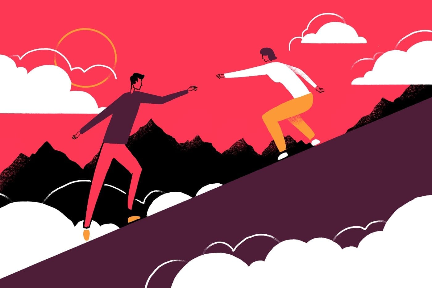 Two people reaching out to help one another