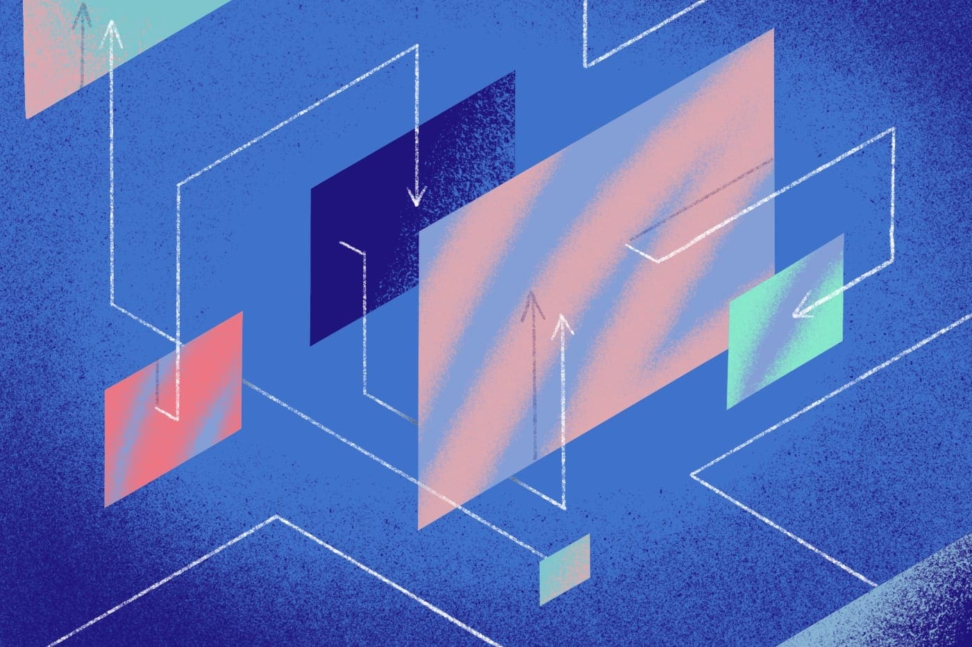 Colored panels with arrows pointing to other panels to represent information architecture