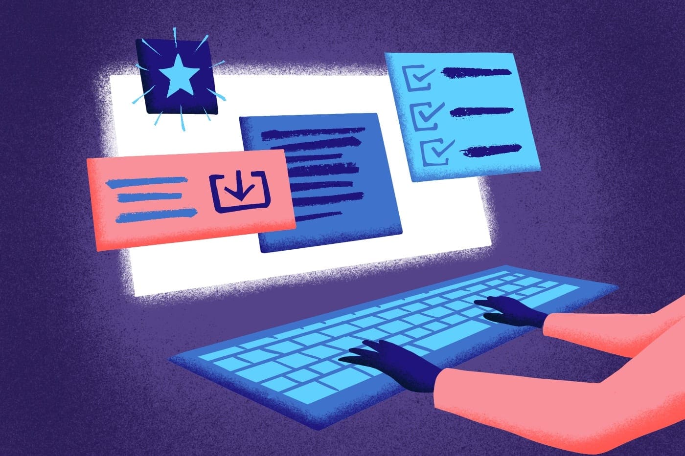 Abstract image of a computer with content pieces overlaying the screen