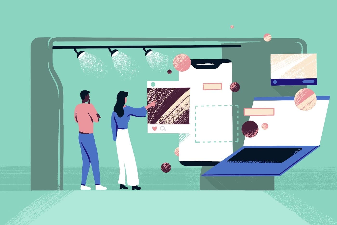 Illustration of a man and woman looking at digital information