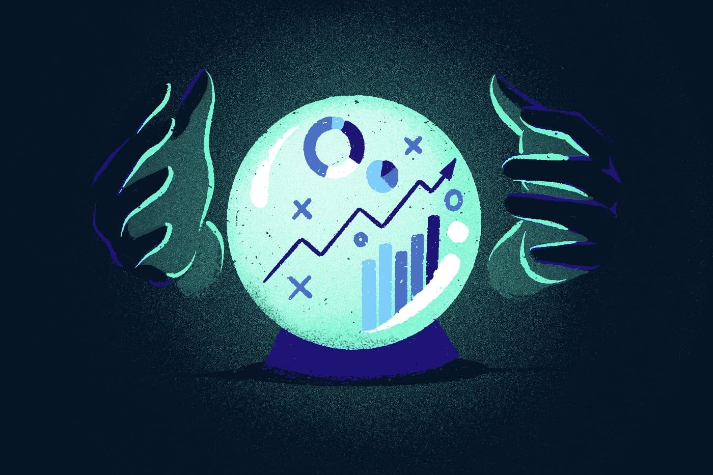 Illustration of charts and graphs of long term digital marketing strategies inside a crystal ball