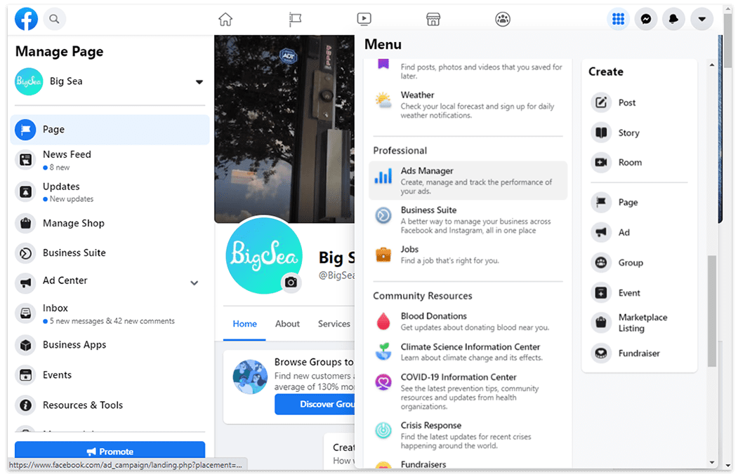 Facebook ads manager location on Facebook