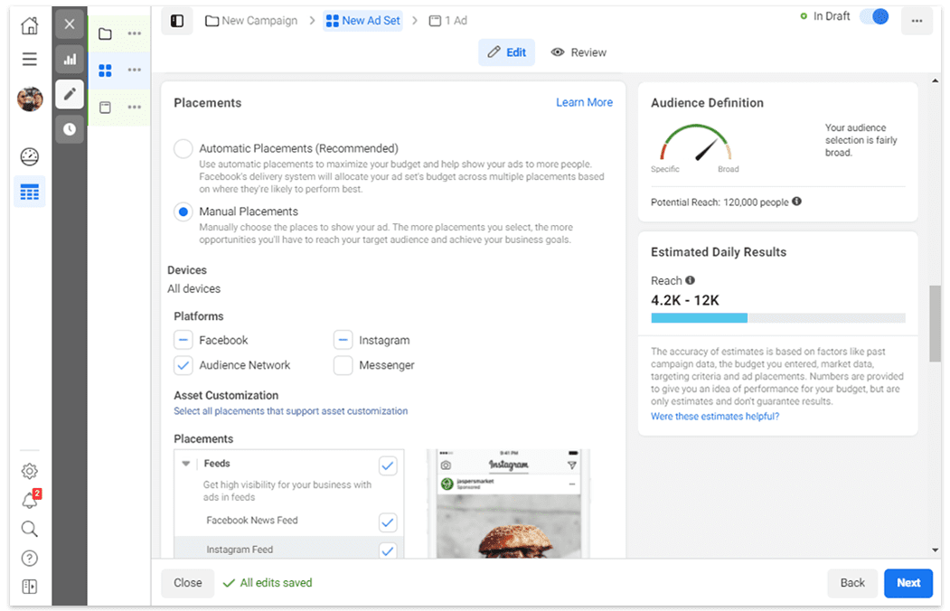 Facebook and Instagram ad placement setup