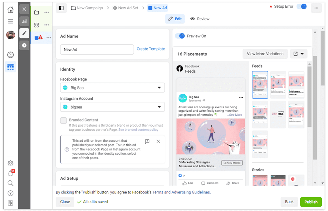 Facebook and Instagram ad setup page