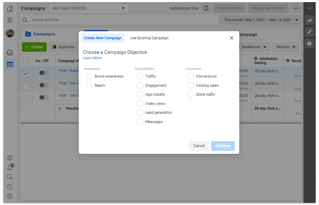Facebook and Instagram Campaign Objective setup