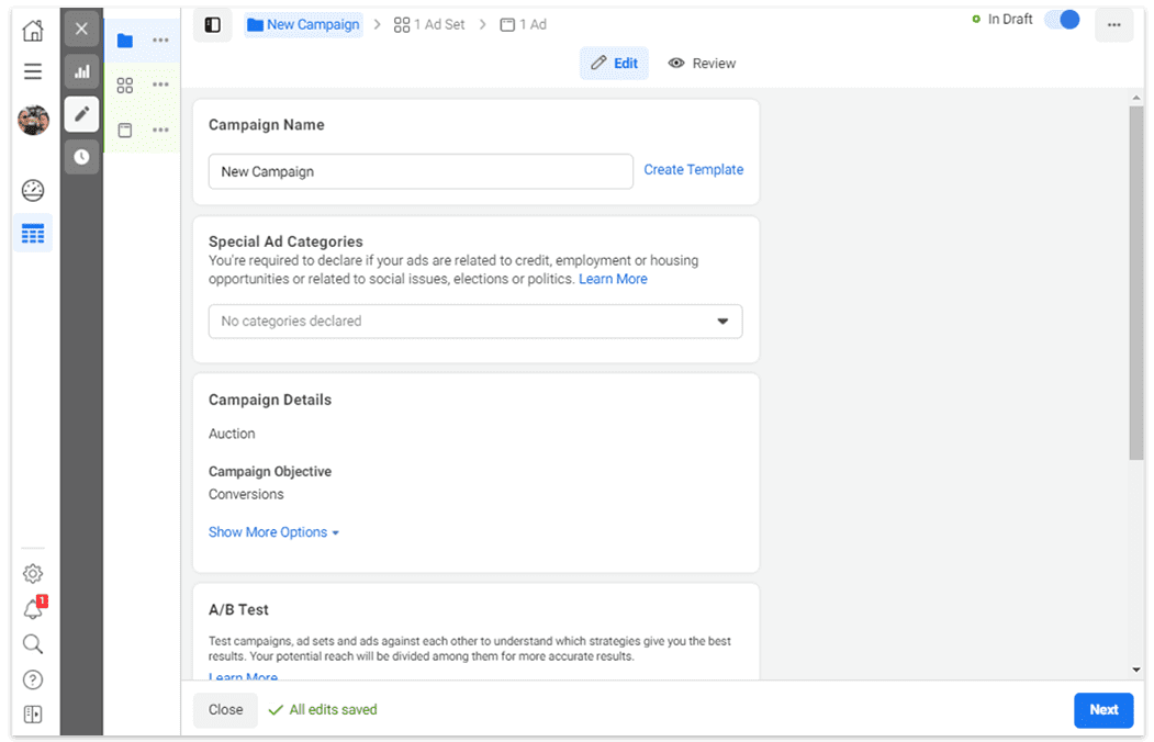 Campaign ad setup and details