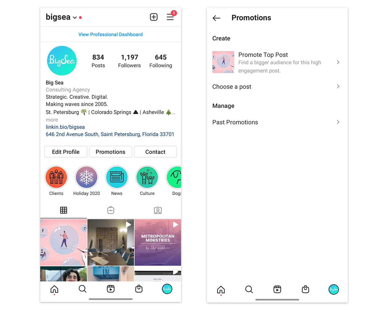 Setting up a promoted post on Big Sea's Instagram