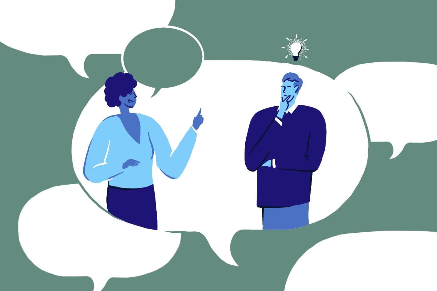 Illustration of a man and woman talking and brainstorming