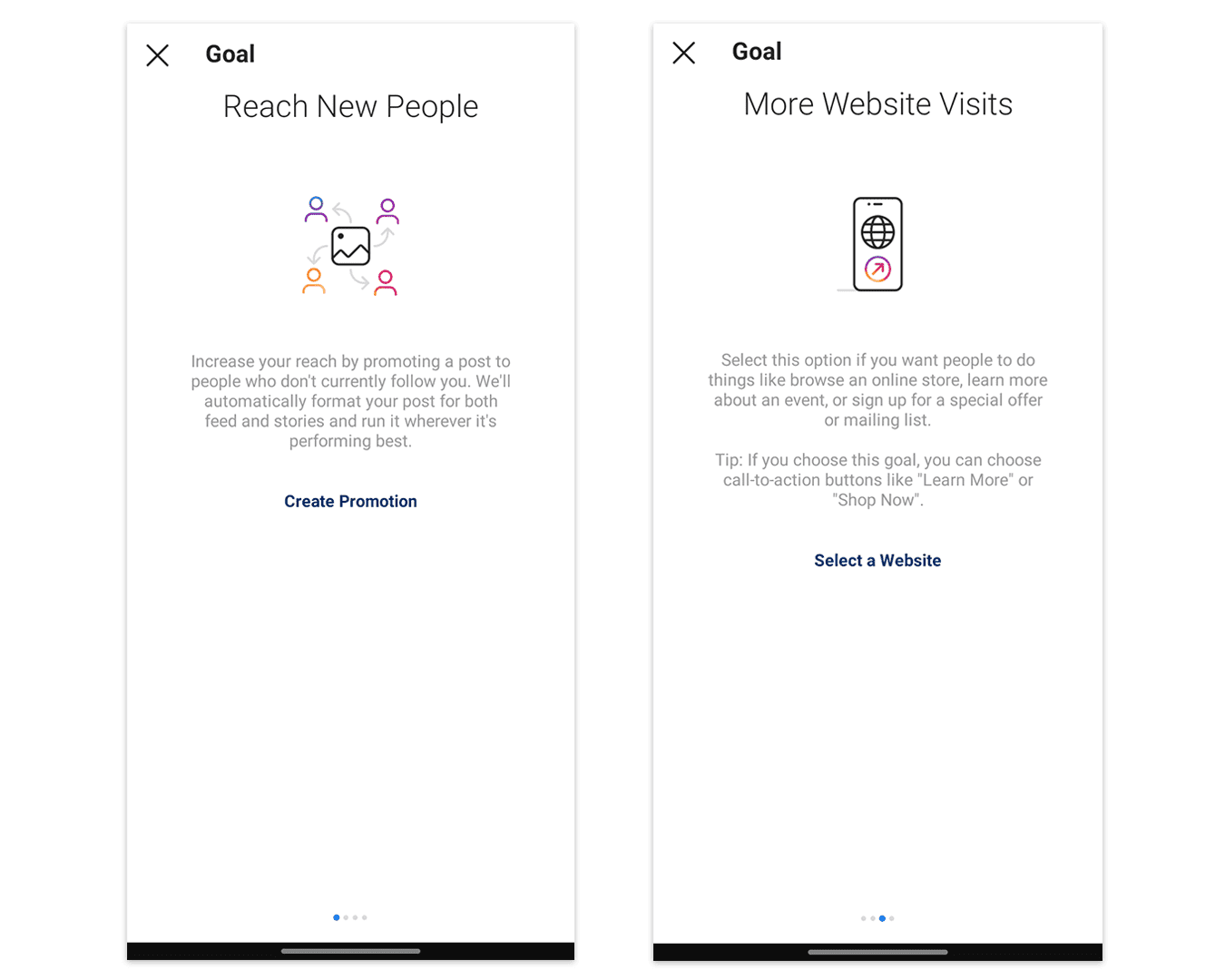 Instagram's ad goal setup pages
