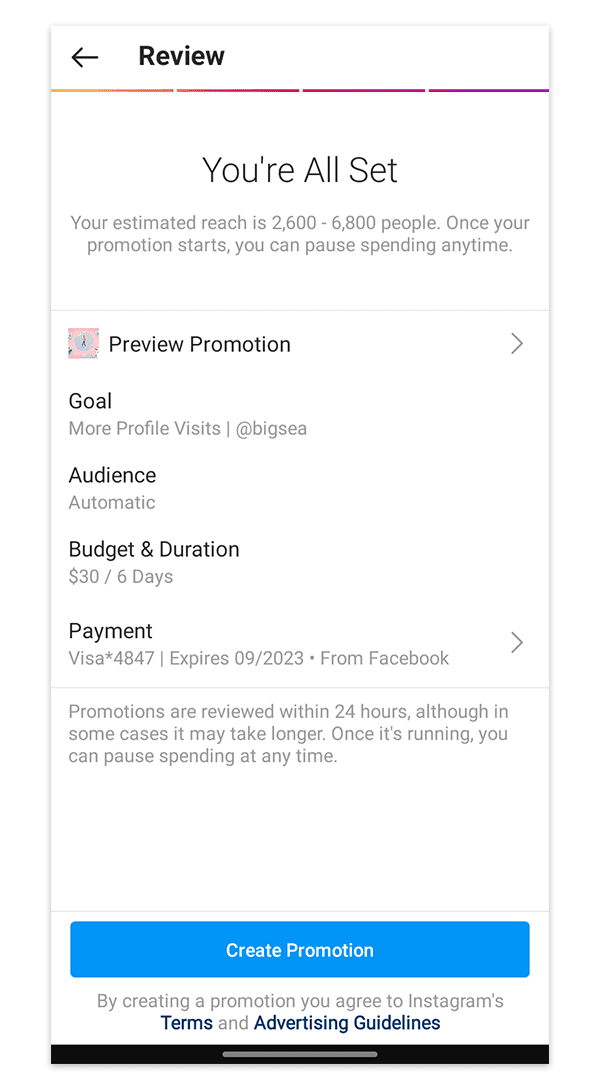 Instagram ad review page