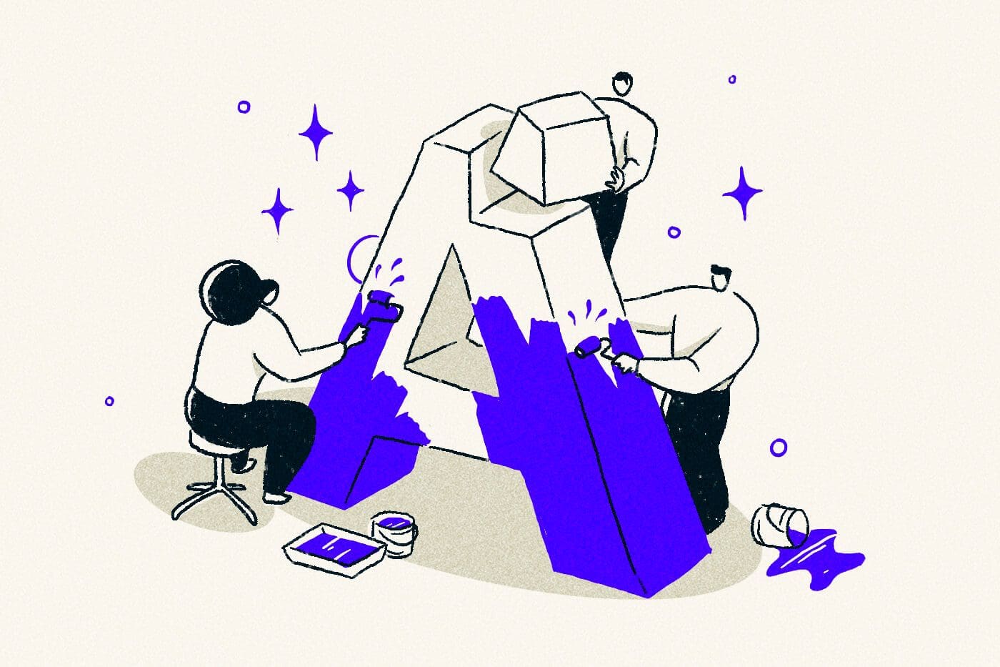 illustration of figures constructing and painting an oversized letter A