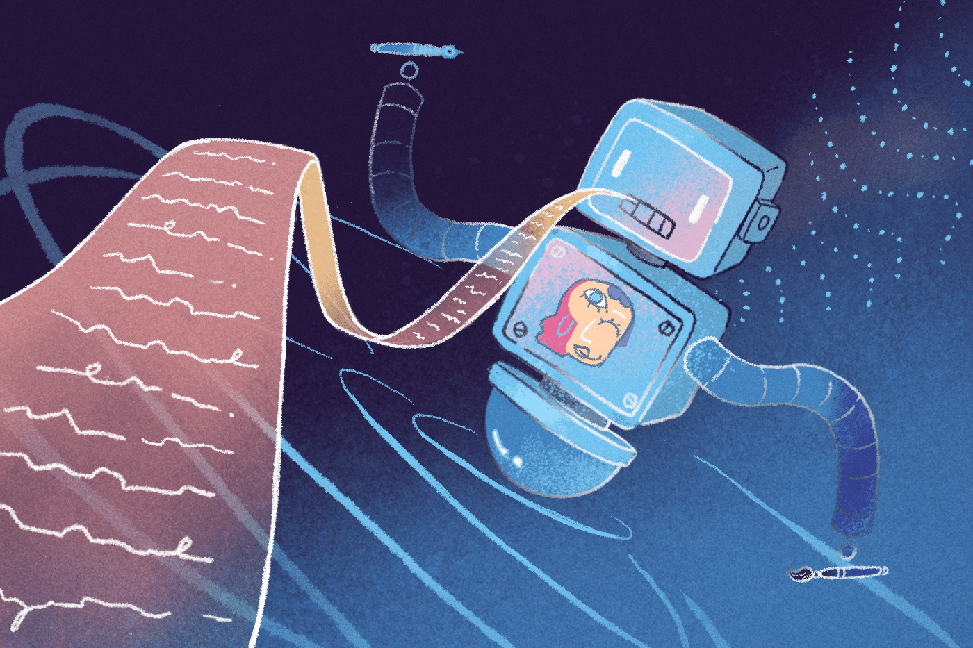 Holding a pen in one hand and a brush in the other, a robot symbolizing AI content marketing, issues written words from its mouth and displays an image on its chest.