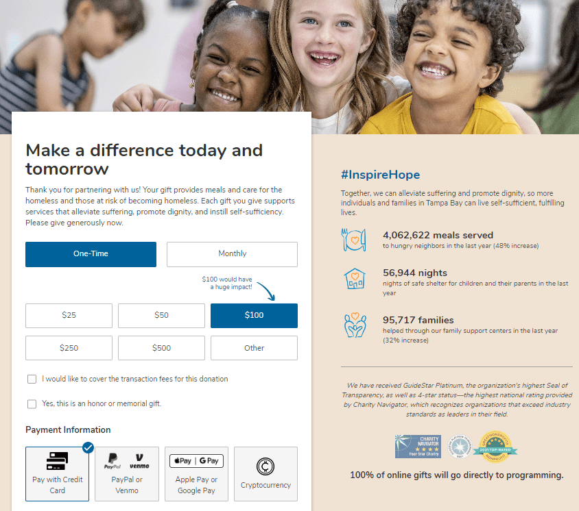 Screenshot of Metropolitan Ministries donation form