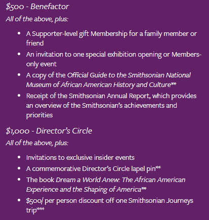 Screenshot of membership tiers at the National Museum of African American History and Culture 