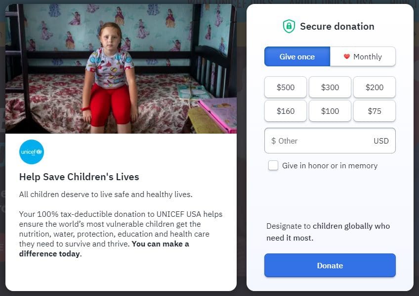 Screenshot of UNICEF donation form