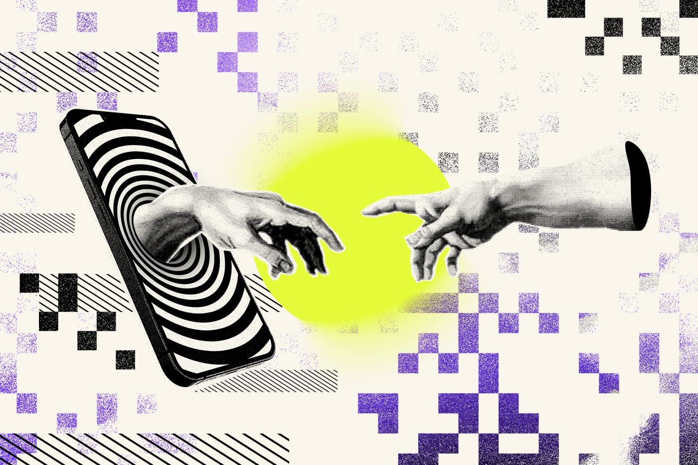 Hands from Michelangelo's The Creation of Adam reaching to one another in a digitized space with one hand coming out from a phone.