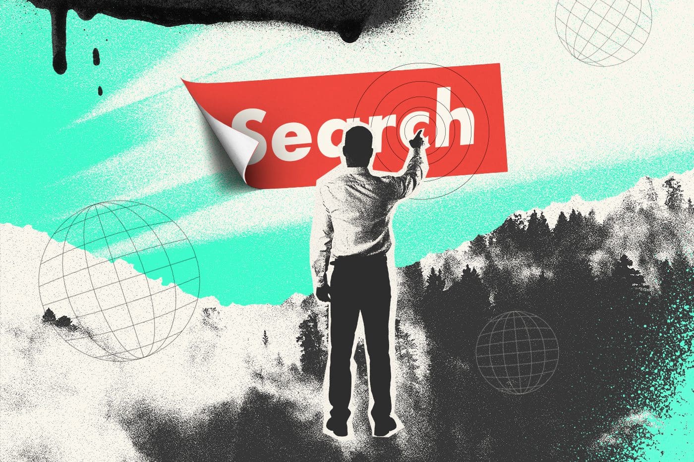 Man in business attire looking up search marketing