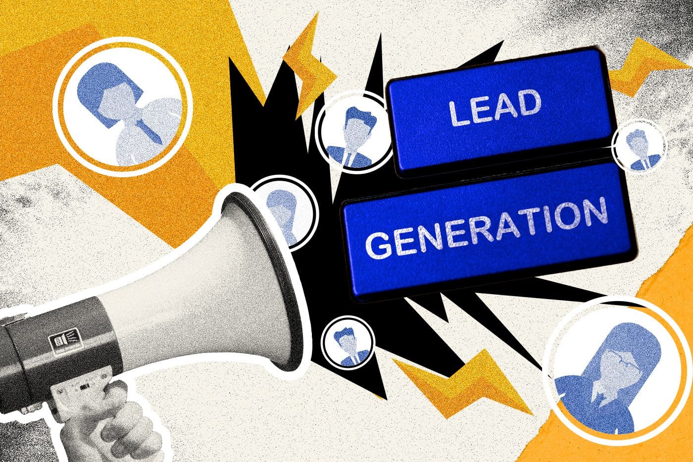 Collage with megaphone and the words Lead Generation coming from it