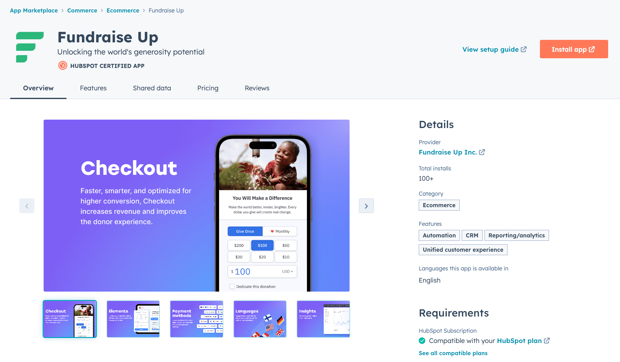 Fundraise Up in the app store on HubSpot