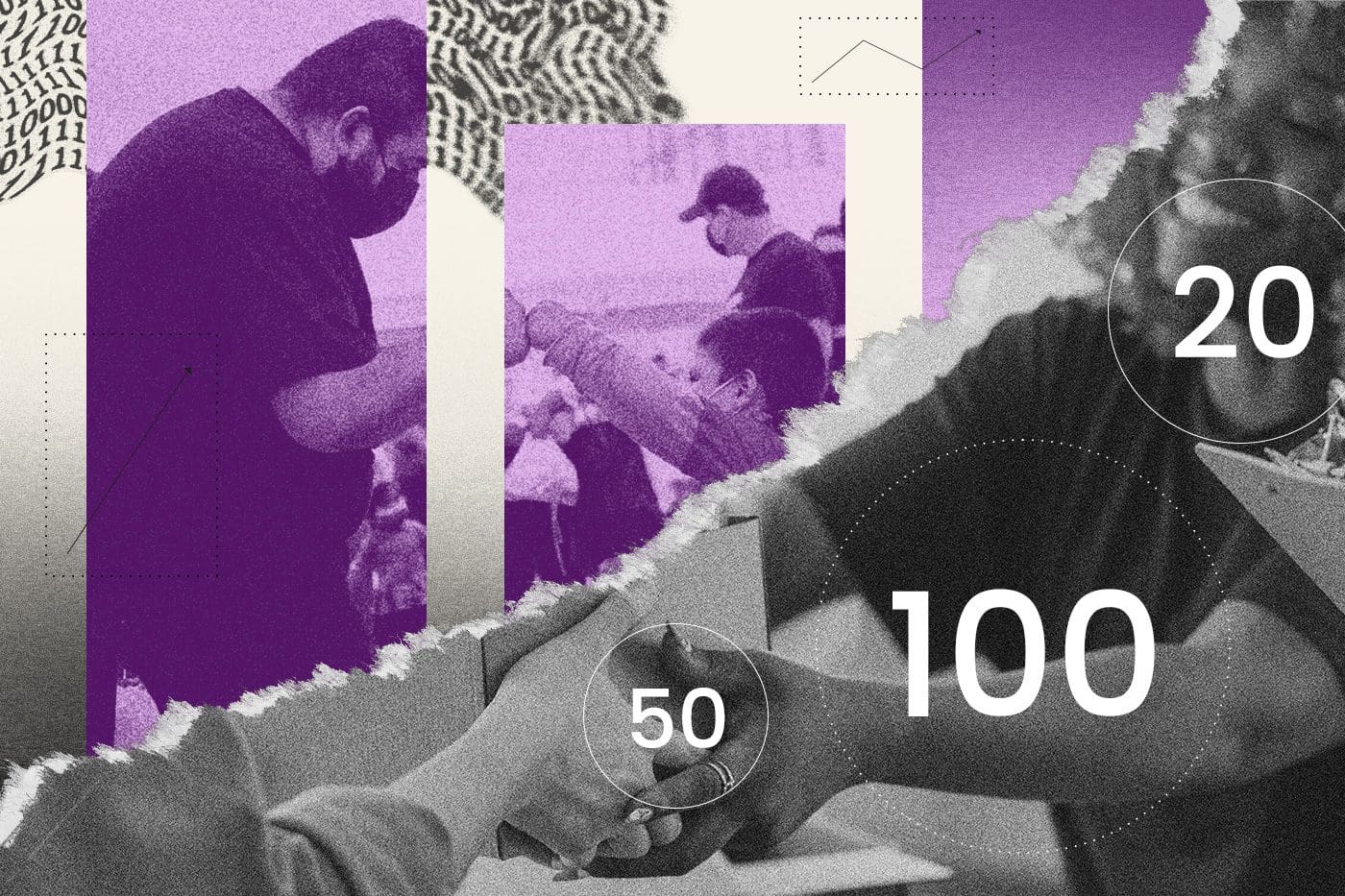 Collage of data charts and nonprofit volunteers