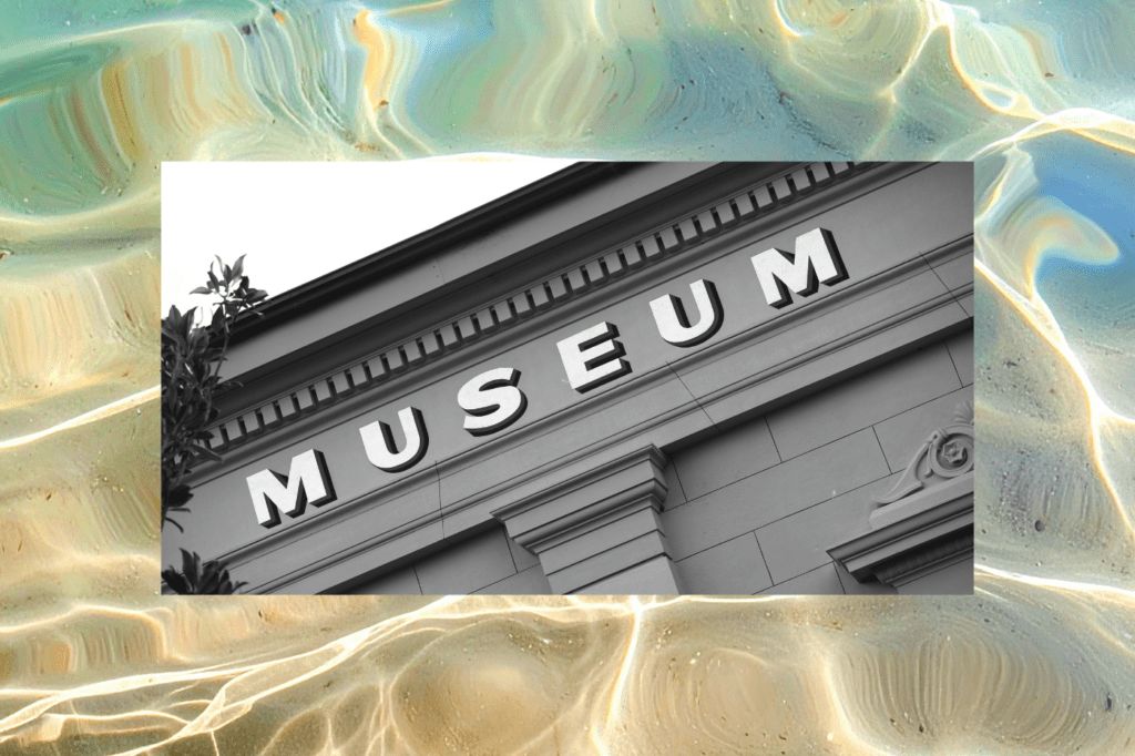 Black-and-white photo of a museum building facade with large “MUSEUM” lettering, overlaid on an abstract textured background, representing strategies to boost museum marketing, attendance, and audience engagement.