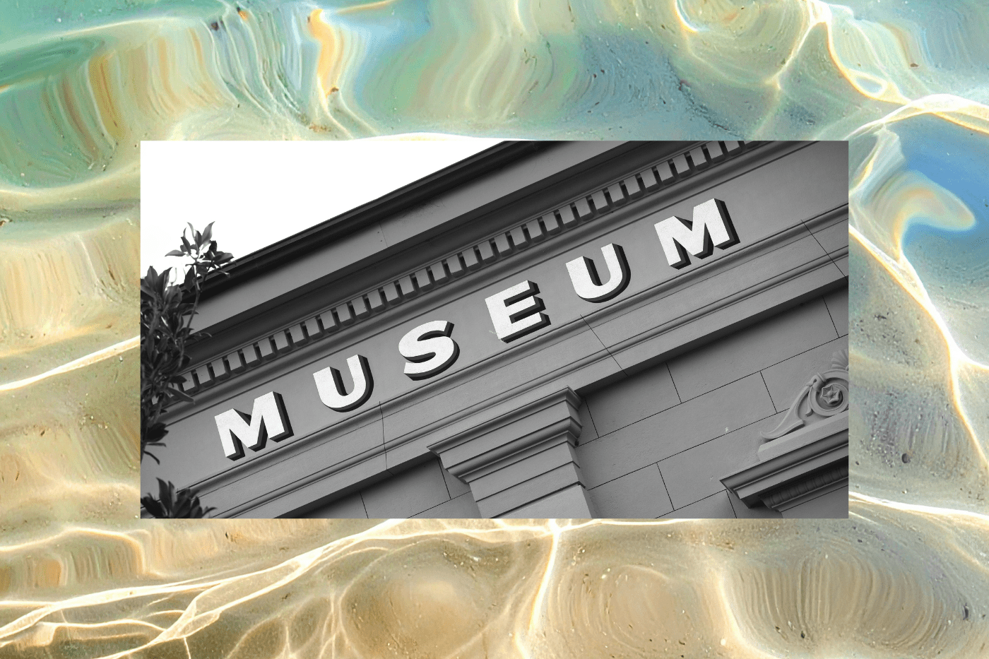 Black-and-white photo of a museum building facade with large “MUSEUM” lettering, overlaid on an abstract textured background, representing strategies to boost museum marketing, attendance, and audience engagement.