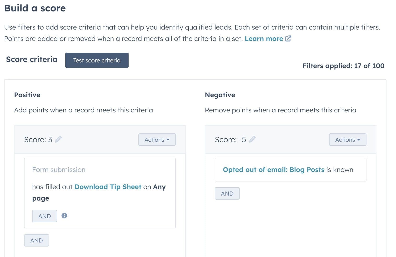 Screenshot of the Build a Score view in HubSpot
