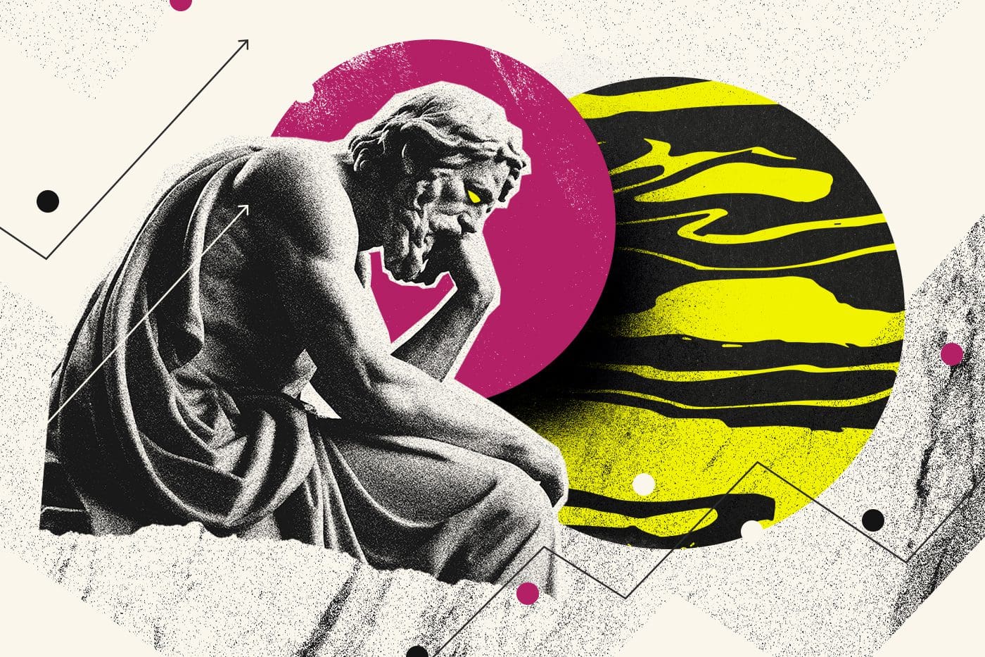 Collage of a marble sculpture from a museum, graph lines, and colorful circles