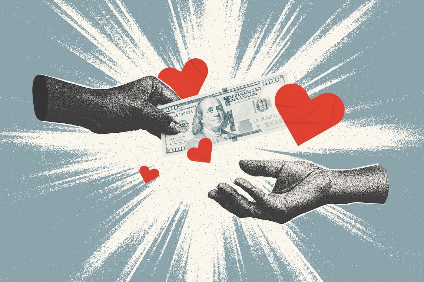 money exchanging hands with hearts floating around