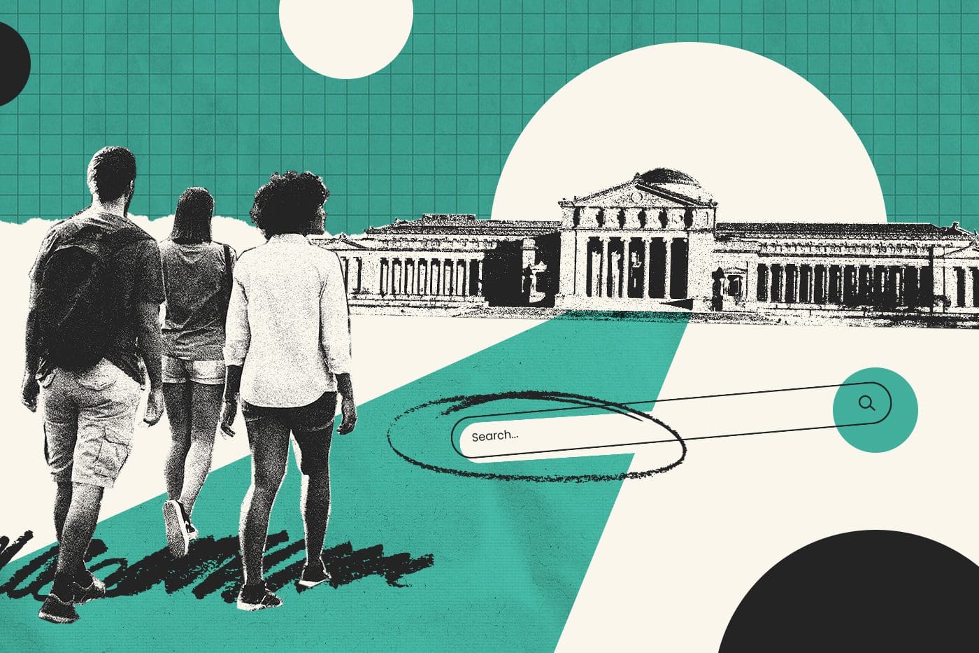 people walking to a museum