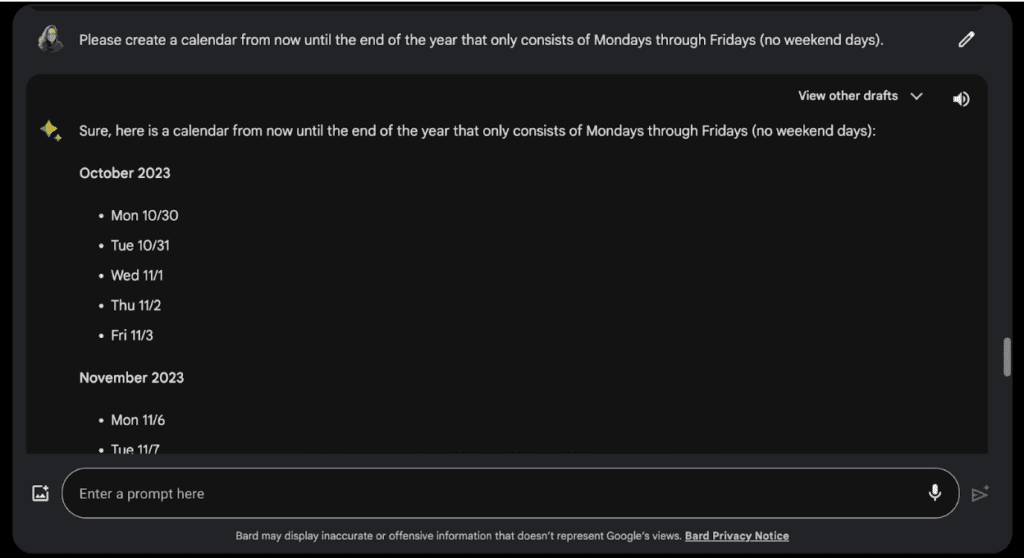 Asking Google Bard to create a calendar