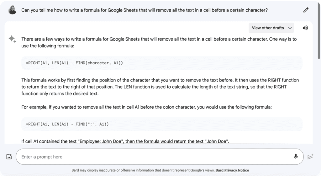 Google Bard chat about writing a formula in Google Sheets