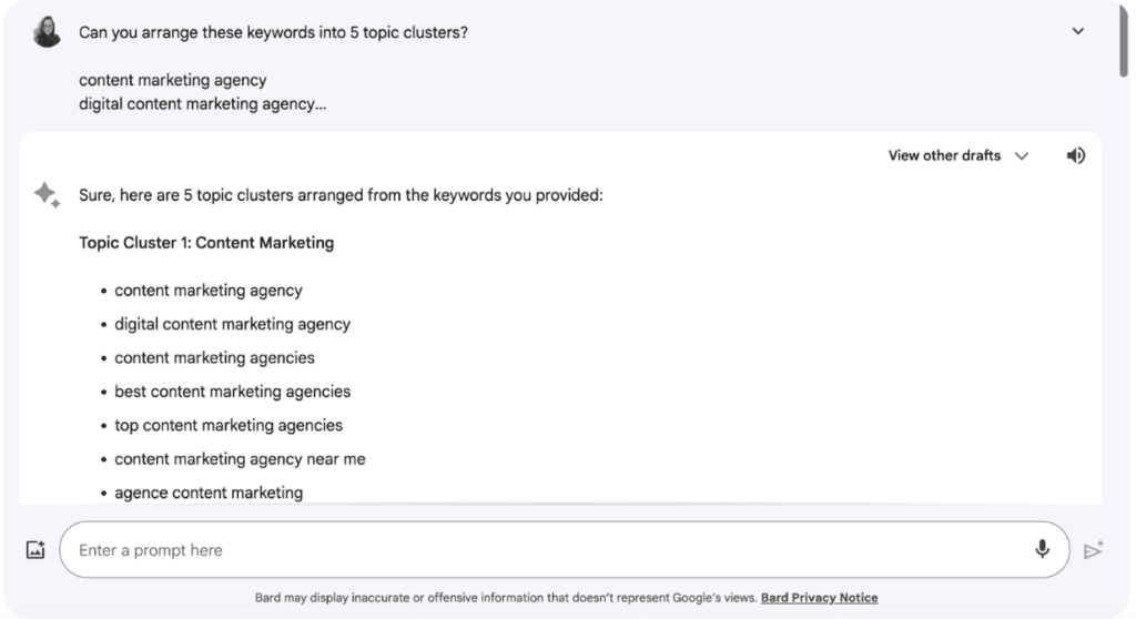 Google Bard arranging keywords into topic clusters