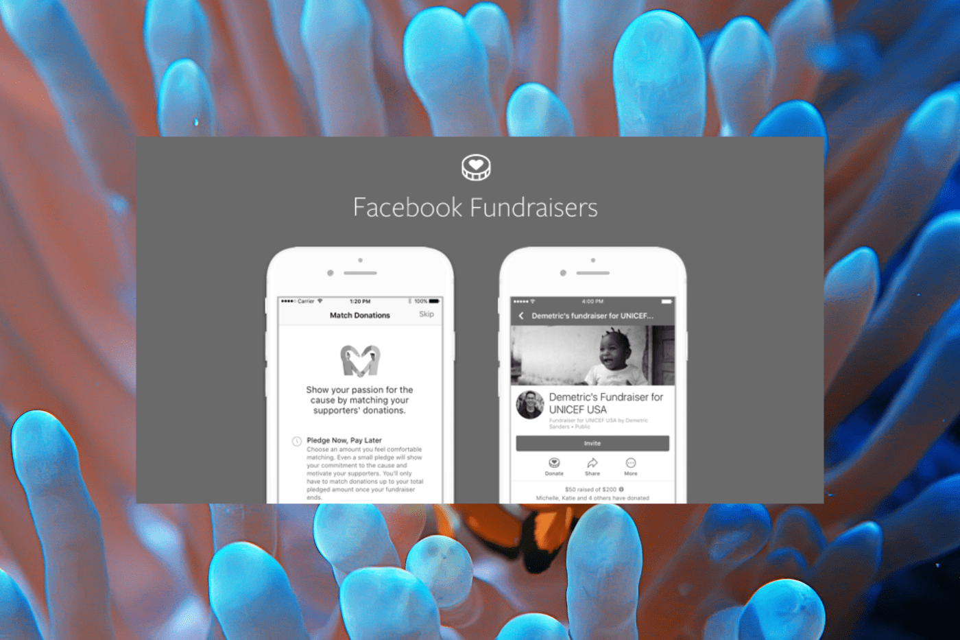 Graphic showing Facebook Fundraisers on mobile devices with nonprofit donation and matching gift features, illustrating strategies for nonprofit fundraising, donor engagement, and Meta fundraising tools.