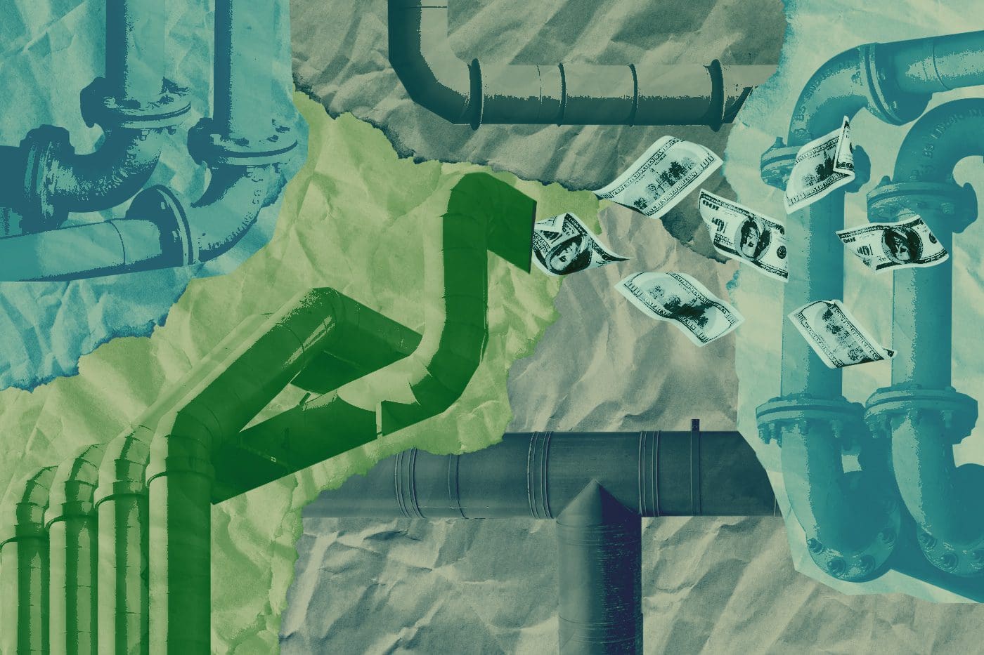 a graphic showing money moving through a pipeline