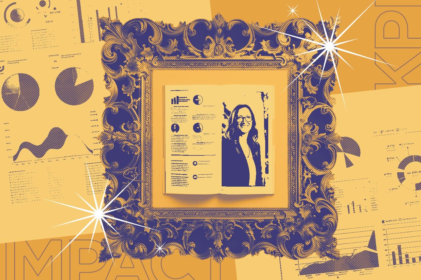 an article inside of a picture frame surrounded by a non-profit annual report