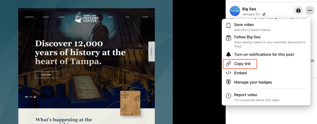 Screenshot from Facebook showing how to copy the link to download a video