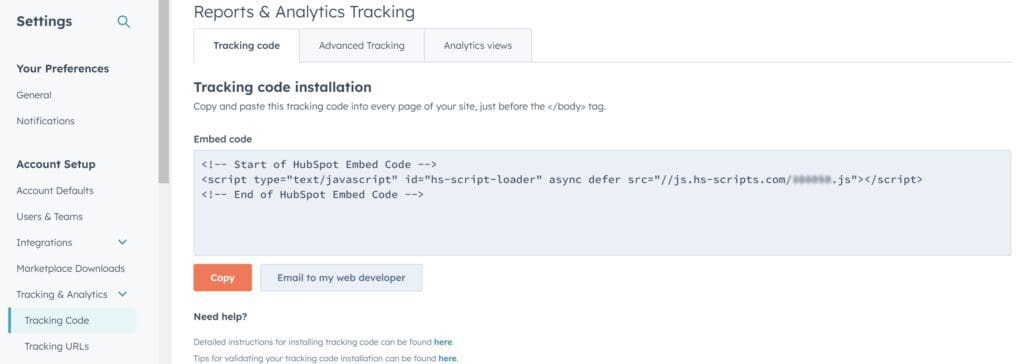 Screenshot showing where to go to add the tracking code in HubSpot