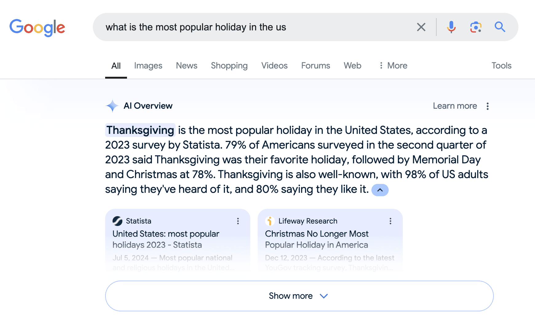 Googling a question and receiving an AI Overview response